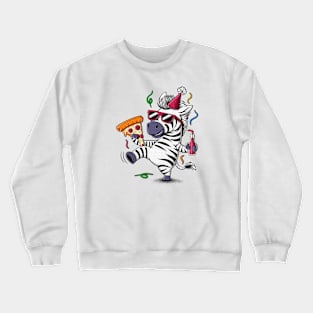 Zebra illustration in a party hat and sunglasses with a pizza. Crewneck Sweatshirt